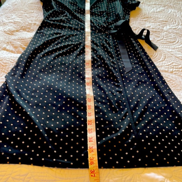 Loft Black Faux Wrap V Neck Dress with Tan Polka Dots & Black Ribbon Side Tie 2P - Picture 9 of 10